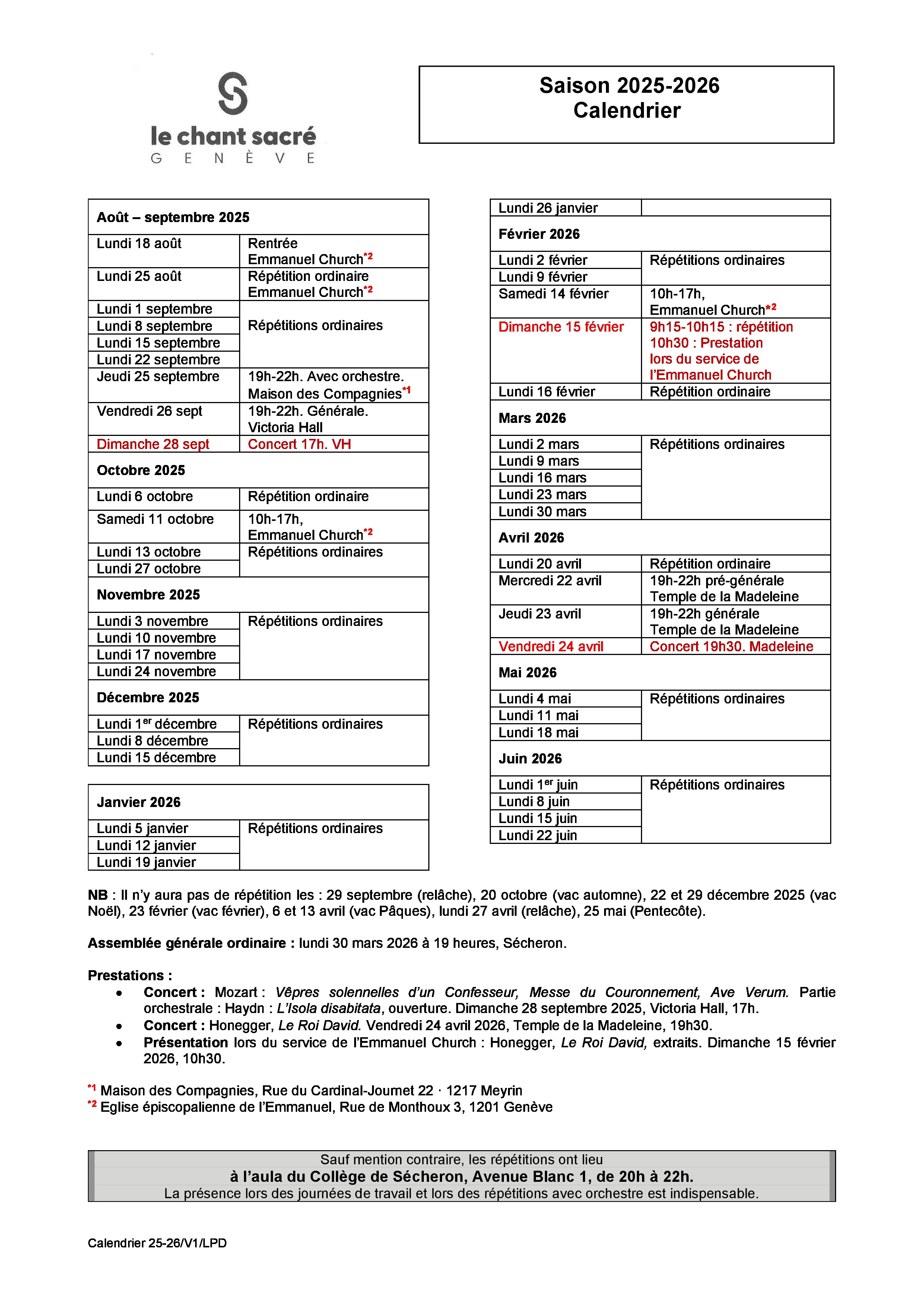 Calendrier 2025-2026
