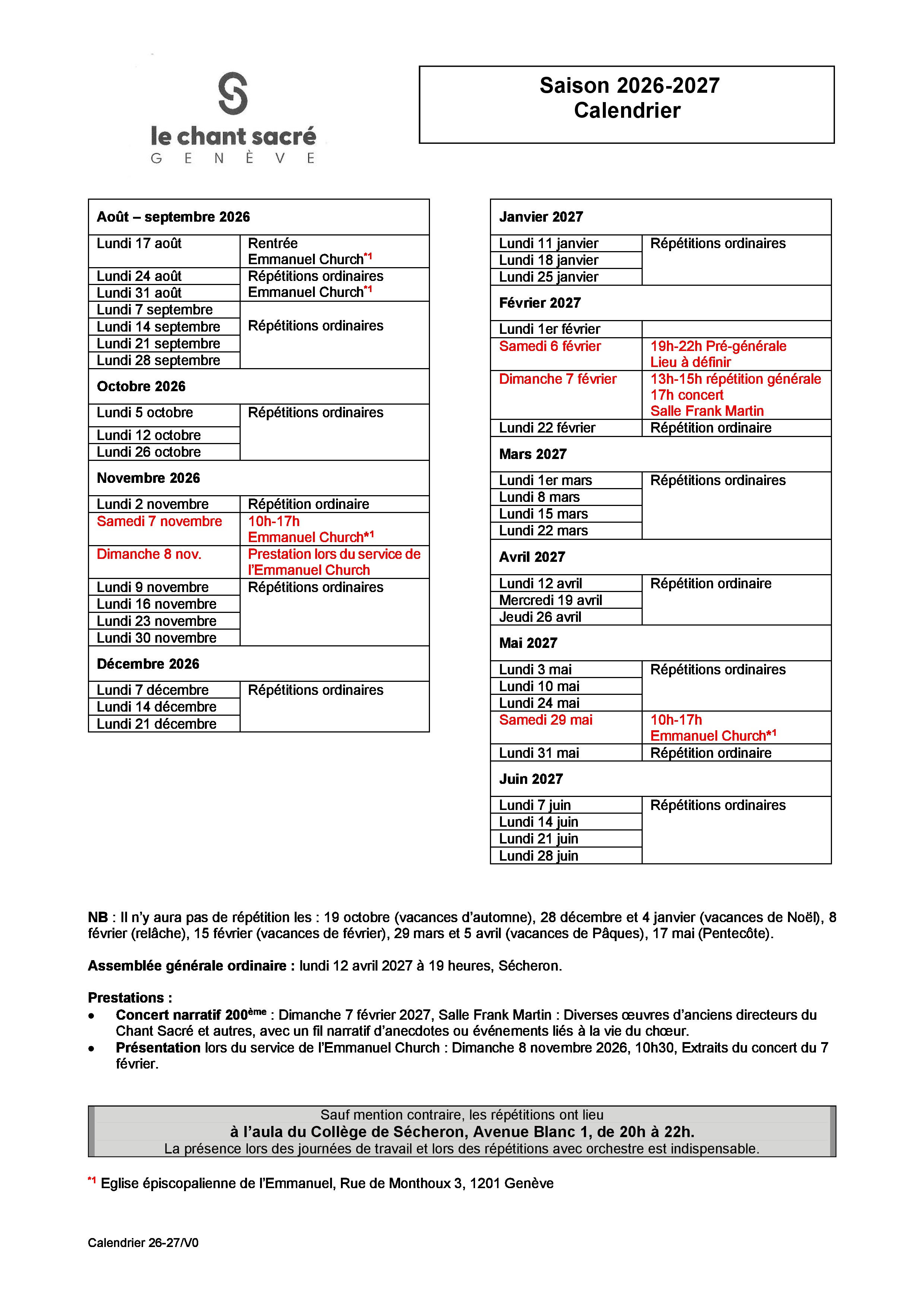Calendrier 2026-2027